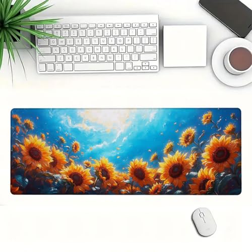 Sunflower Field Large Mouse Pad Blue Sky Golden Petals Summer Light Painting Gaming Mouse Pad Mat with Stitched Edge Non-Slip Base 31.5x11.8 Inch - color: Sunflower Field