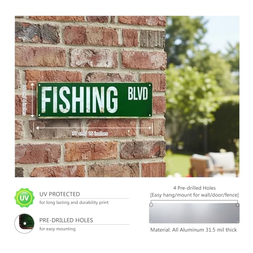 FISHING BLVD Street Sign, Metal Decor for Lake House & Cabin, 4x15 Inch Rustproof Aluminum Wall Art for Man Cave - Fishing Gifts for Men & Dad - color: Fishing