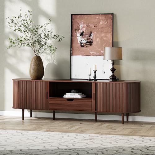 DHH 71" Fluted TV Stand with Power Outlet for TVs up to 80", TV Console with Adjustable Shelves and Sliding Door,Mid Century Modern Entertainment Center for Living Room,Bedroom (Walnut, 71Inch)