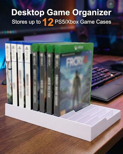 Video Game Storage Tower for PS5 / PS4 / Xbox Series X/Xbox One Game Cases, 12-Disc Capacity DVD & Blu-Ray Organizer Stand, Anti-Slip ABS Desktop Rack, No Assembly Required (1, White) - color: White