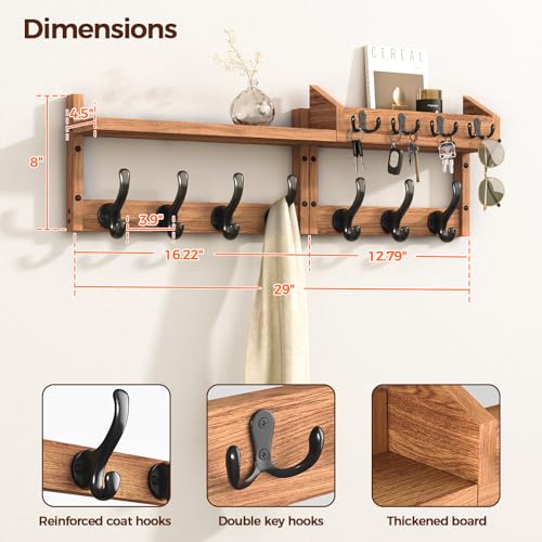 Evermagin 29" Coat Rack Wall Mount with Shelf, 4 in 1 Wall Mounted Coat and Key Hanger with 11 Hooks, Entryway Key Holder with Mail Holder for Living Room, Bedroom - color: Brown, size: 29 inch