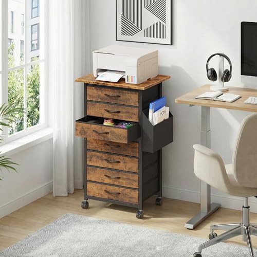 HIGDBFE 7 Fabric Drawers File Cabinet with Side Pocket, Rolling Printer Stand with Storage for Home Office, Wood Top Storage Cabinet for Documents and Crafts, Rustic Brown, 15" D - size: 15"D (7 Drawers)