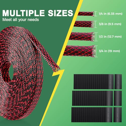 132 ft Expandable Braided Cable Sleeve Wire Loom PET Wire Sleeving,Wrap Management Mesh for Audio Video and Other Home Device Cable Automotive Wire - (1/2 Inch, 1/4 Inch, 3/8 Inch,3/4 Inch, Red) - color: Red