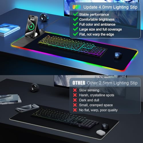RGB Mouse Pad with Foldable Phone Stand Wireless Charger, 31.5"x11.8" XL Gaming Mousepad Large Desk Mat, Desk Pad with 11 Colors 5 Modes, Waterproof - color: Black Touch Control Stand XL with PD Charger