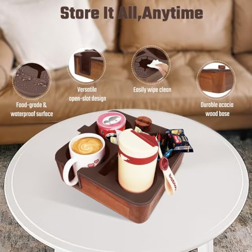 Couch Cup Holder Tray, Real Acacia Wooden Caddy with Soft Silicone, Snack and Drink Organizer- Perfect Movie Night Accessories for Bed, Remote and Cup Holders for Sofa (Coffee) - color: Coffee