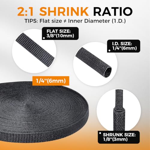 Black 2:1 Ratio Automotive Heat Shrink Braided Sleeving,Wear-Resistant Flat Woven Shrinkable Sleeve Fabric Car Cable Wires Hoses Protection (1/4''-66ft) - size: 1/4''-66ft