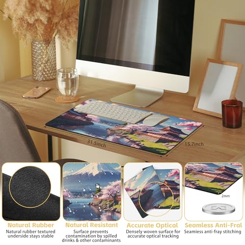 Mount Fuji Desk Mat Large Mouse Pad Gaming Mousepad 31.5 x 15.8 in | Desk Pad for Keyboard and Mouse, Large Non-Slip Rubber Base Mousepad Desk Mat with Stitched Edges for Gaming Office - color: Japanese Mount Fuji