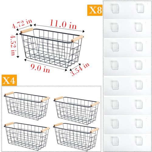Black Metal Hanging Baskets with Handle, Wire Wall Storage Organizer with Hooks, Adhesive baskets for Kitchen, Bathroom, Pantry,Spice Rack, Cabinet Organizer, Shower Caddy 4-Pack - size: 4 Pack