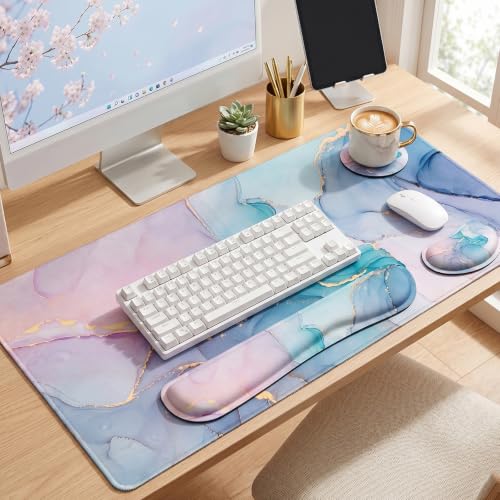 Lateefah Desk Mat, Extended Mouse Pad with Wrist Rest, 4-in-1 Large Mouse Pads for Desk, Keyboard Pad and Keyboard Wrist Rest Gaming Keyboard Mat for Office, Home - color: Green Marble-35.4''x15.7''