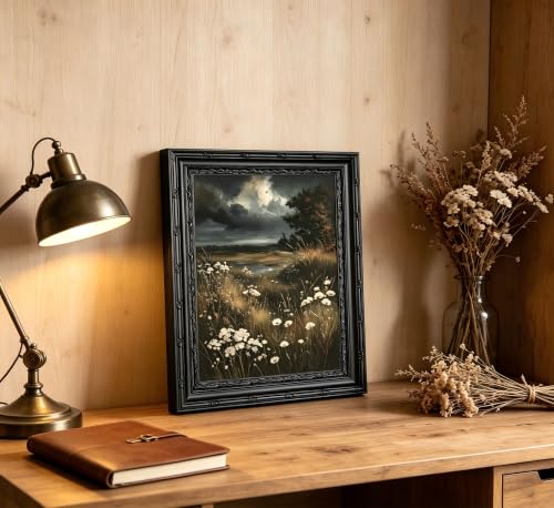 Dark Moody Landscape Framed Wall Art, Vintage Gothic Wildflower Meadow Canvas Print with Ornate Black Carved Frame, Dark Academia Aesthetic Wall Decor for Bedroom Living Room Halloween - color: Landscape, size: 11"L x 9"W