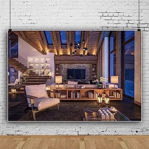 10x8ft Vintage Living Room Backdrop Zoom Meeting Video Modern Wooden House Interior Office Window Polyester Photography Online Meeting Background for Birthday House Party Banner Photo Props - size: 10x8ft-Polyester