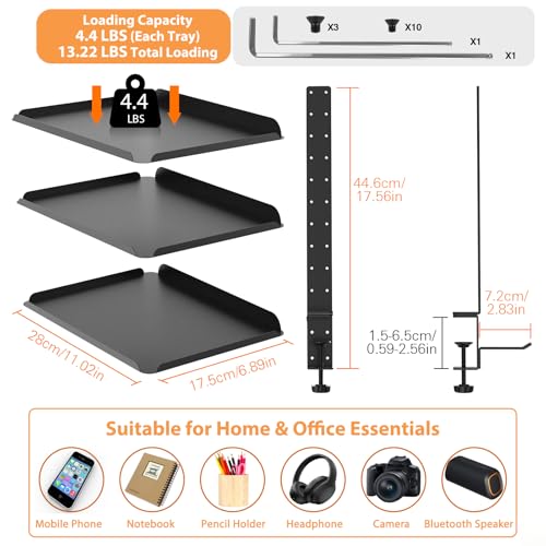 3 Tier Clamp On Desk Shelf, No Drill Desk Extension Shelving Unit with Adjustable Metal Trays & Headphone Stand Above or Under Desk Storage, Heavy Duty Desktop Storage Rack for Home Office