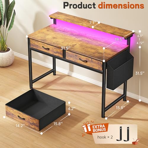Gaming Desk with LED Lights with 2 Drawers, 31 Inch Desk Home Office Desk Computer Desk with Side Pocket & Ergonomic Monitor Stand, Small Space Study Writing Table with Anti-Tip Design, Rustic Brown - color: Brown, size: 31.0 Inch