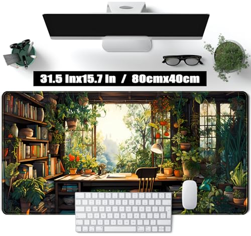 Green Plant Lovers Cute Desk Mat, Kawaii Desk Pad XXL Large Extended Lofi Mouse Pad Gaming Anime Mousepad, Big Laptop Computer Keyboard and Mouse Mat for Girl Women Office Desk Decor 31.5x15.7 in - color: Green Plant Lovers