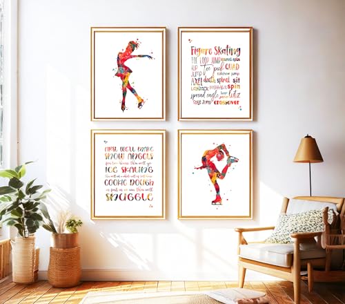 Inspirational Watercolor Ice Skater Girl Figure Skating Illustration Art Print Set for Girl's Bedroom Empowerment, Winter Sports Locker Team Boost, Young Spinner Surprises, Team Captain Honors, Coach Appreciation, Birthday Gifts - 8x10 Unframed Print Set