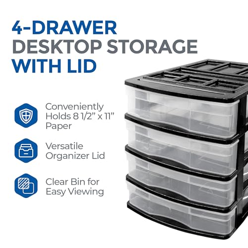 Gracious Living 4-Drawer Desktop and Countertop Storage Organizer Drawer Set, Plastic Office Desk Organizer, Black/Clear - size: 1 Pack
