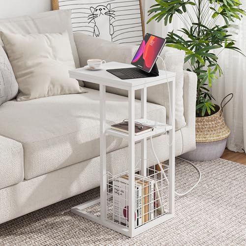 Vagusicc C Shaped End Table with Charging Station, Side Table for Couch, Small Side End Table for Small Spaces, 28" High Slide Under Sofa Table for Coffee, Tv Tray Table for Living Room, White - color: White