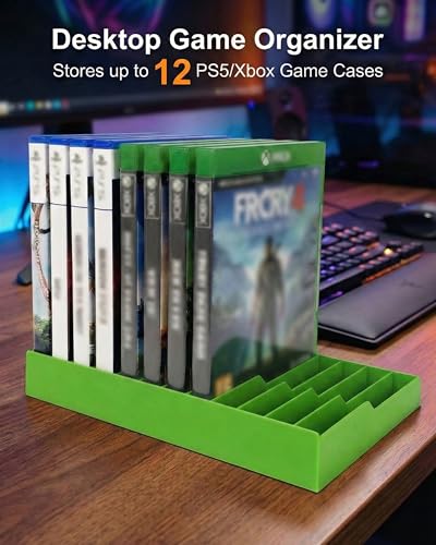 Video Game Storage Tower for PS5 / PS4 / Xbox Series X/Xbox One Game Cases, 12-Disc Capacity DVD & Blu-Ray Organizer Stand, Anti-Slip ABS Desktop Rack, No Assembly Required (1, Green) - color: Green