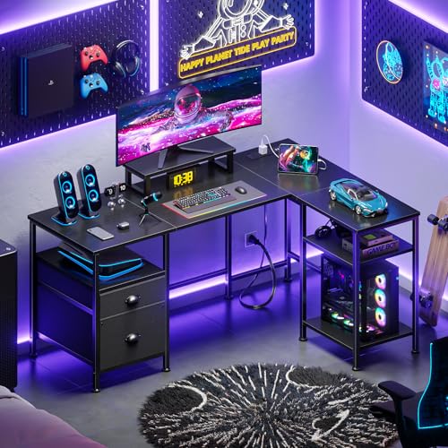 Furologee 50 Inch L Shaped Gaming Desk with Power Outlet, Corner Computer Desk for Home Office, Reversible Work Study Table with File Drawer, Monitor Stand, Storage Shelves, Black - color: Black, size: 50 Inch