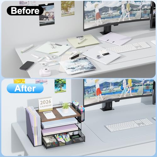 gianotter Desk Organizers and Accessories with File Holder, 4-Tier Desk Accessories & Workspace Organizers with Drawer and 2 Pen Holder, Paper Organizer for Office Supplies (Wood) - color: Wood