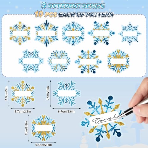 Whaline 90Pcs Christmas Winter Name Tag Stickers Blue Gold Snowflake Shape Nameplates Xmas Self-Adhesive Gift Label Decals for Holiday Present Students Desk Classroom, 9 Designs - style: Snowflake
