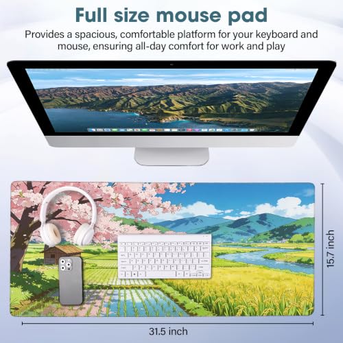 Large Desk Pad 31.5x15.7 Inch - Extended XXL Mouse Pad with Stitched Edges, Non Slip Rubber Base, Waterproof for Office and Gaming, Farmland - color: Farmland, size: 31.5" x 15.7"