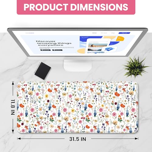 Large Mouse Pad for Desktop, Cute Desk Mat Pad Protector for Work & Gaming, Aesthetic Pretty Anti-Slip Laptop Blotter Cover for Office School Home Supplies, Wildflowers, 31.5" x 11.8" - color: A-Wildflowers, size: 31.5L x 11.8W inches