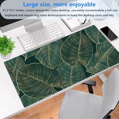 Luxury XXL Desk Mat 31.5x15.7 Emerald Green Gold Leaf Mouse Pad | Elegant waterproof 3mm cushioned mousepad with non-slip base. Modern botanical desk protector for home office decor. - color: Green Plants