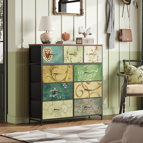 WLIVE 9-Drawer Dresser, Fabric Storage Tower for Bedroom, Hallway, Entryway, Closet, Tall Chest Organizer Unit with Fabric Bins, Steel Frame, Wood Top, Easy Pull Handle, Floral Painted - color: Floral Painted