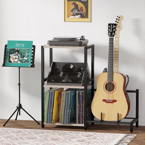 YAKANJ End Table with Guitar Stand,Record Player Stand,Vinyl Records Storage,2-Tier Guitar Stand for Acoustic,Turntable Stand for Music Studio,Grey - color: Grey