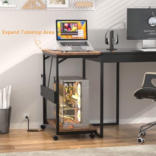 Besiost Computer Tower Stand with Power Strips, 4 Levels Manual Height Adjustable PC Tower Stand for Under Desk, Mobile Rolling CPU Holder, Computer Cart with Wheels, 24", Rustic Brown - color: Rustic Brown, size: 24"