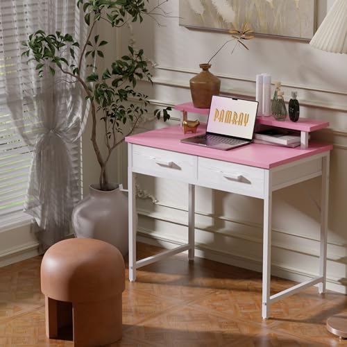 Pamray 32 Inch Small Computer Desk with Monitor Stand Home Office Desks with 2 Drawers for Bedroom Study Writing and Work Table for Small Spaces Pink - color: Pink