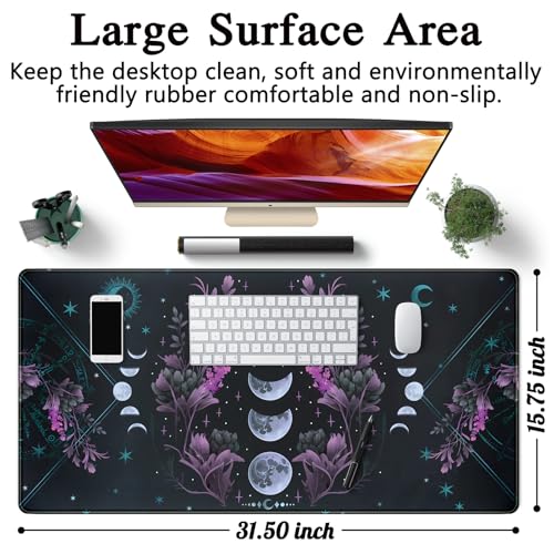 Celestial Moon Phases Mouse Pad Large Purple Desk Mat Forest Extended Gaming Mousepad Violet Teal Desk Pad XXL 31.5 x 15.7 in Laptop Computer Mouse Keyboard Mat for Office Desk Decor - color: A Celestial Moon Phases