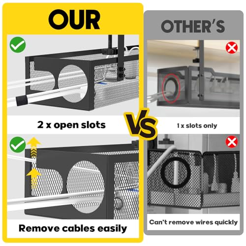 Under Desk Cable Management Tray No Drill 15.1’’, Metal Mesh Cable Management Box with Hybrid Side Slots Cable Raceway,Adjustable Cable Tray with Wire Management for Office Home,1 Pack (Black)
