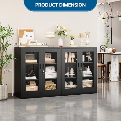 PEUKC Display Cabinet with Acrylic Doors, 35.4 Inches Metal Curio Storage Cabinet with 2 Adjustable Shelves, Locking Display Case for Home, Office, Clinic, Pantry, Assemble Required (Black) - color: Black, size: 35''H - 2 Doors