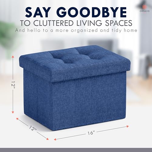 Ornavo Home Small Storage Ottoman Foldable Collapsible Rectangle Linen Ottoman Foot Rest Stool Seat, for Living Room, Bedroom, Home Office, Dorm - 12 x 16 x 12, Navy Blue - color: Navy Blue