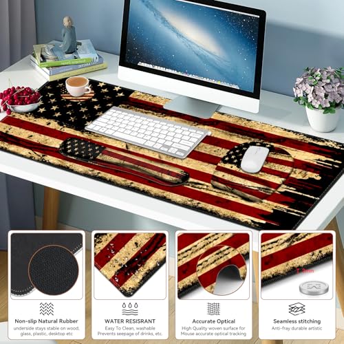 Large Mouse Pad with Wrist Support 4in1 Set, XXL Game Mousepad + Keyboard Wrist Rest+Mouse Wrist Rest+Coaster with Ergonomic Design Gaming Mat for Home Office Table Computer I Retro USA Flag - color: Retro USA Flag