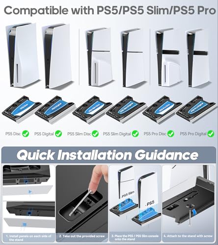 PS5/Slim/Pro Stand for Disc & Digital Console, PS5 Cooling & Charging Station with RGB Lights, PS5 Controller Charger Built-in 3 Level & AUTO Adjustable Fan, Accessories for PlayStation 5 Cases - color: Black & White