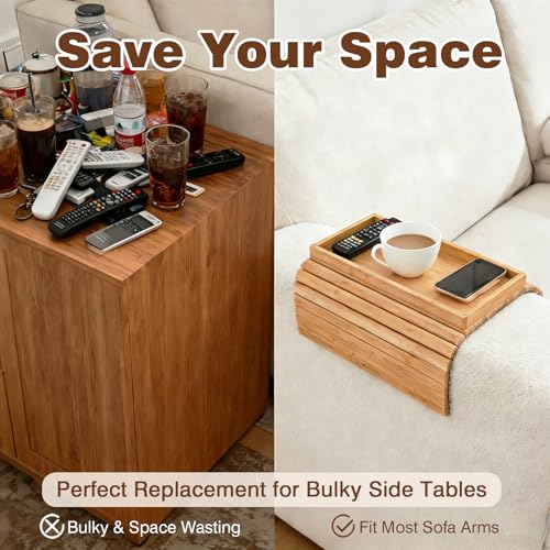 Folding Sofa Armrest Tray Table, Couch Armrest Table with Storage Box, for Couch & Chair - 12.4"x5.5" Natural Bamboo, Non-Slip Felt Bottom, for Drinks, Snacks, Phone, Remote on Couches & Chairs