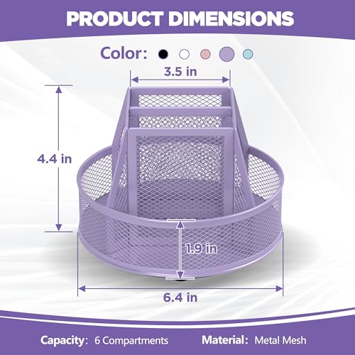 Docnest 360° Rotating Pen Holder,Heavy-Duty Metal Mesh Desk Organizer with 6 Compartments for Pencils,Scissors & Markers –Space Saving Office Supply for Teachers, Students & Home Desk-Purple - color: Purple