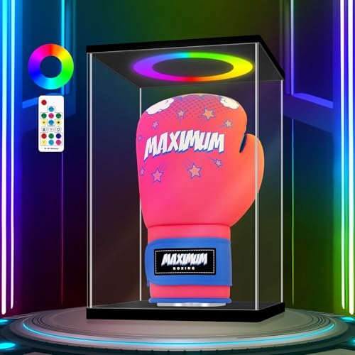 LANSCOERY Acrylic Display Case 8.7x7.1x13 in, 10mm Base, RGB Ring Light, 3mm Clear Panels, Front Door for Action Figures and Models - size: 8.7x7.1x13inch; 22x18x33cm