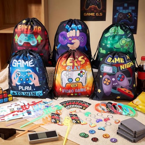 LemonRoad 73 Pcs Classic Video Party Favors Set Birthday Supplies Includes Drawstring Bags Backpack Keychains Bracelets Stickers Straws Tags for Birthday Party Favors Rewards Gifts - style: Classic Video Game