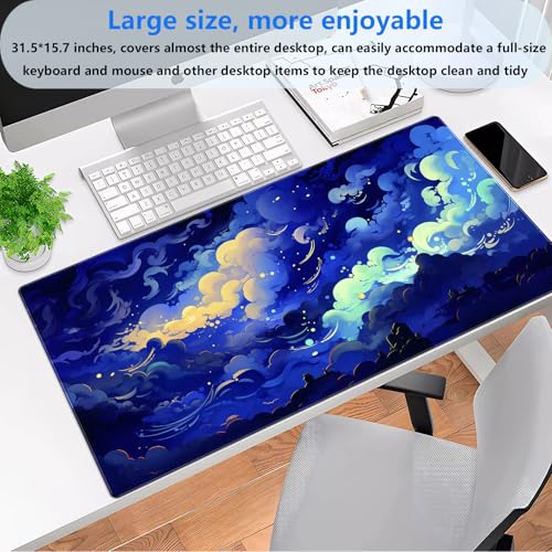 Anime Starry Night Desk Mat XXL - Celestial Clouds Large Gaming Mouse Pad | Fantasy sky aesthetic keyboard mousepad for gaming setup, waterproof smooth cloth surface with non-slip rubber base. - color: Blue Clouds