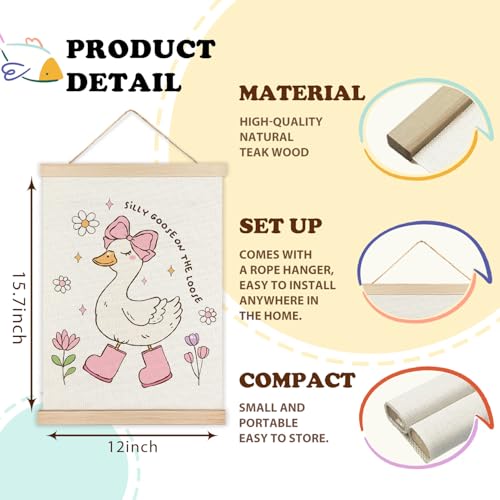 LZYRF Silly Goose On The Loose Wall Art, Coquette Pink Bow Floral Aesthetic Goose Canvas Prints Wall Decor for Girls Room Bedroom Dorm Nursery Playroom, 12x16 Inch - color: silly goose on the loose, size: 16"L x 12"W
