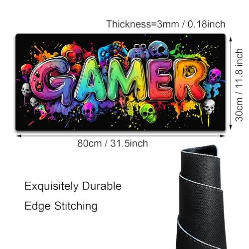 Gamer Blacklight Mouse Pad – UV Reactive Neon Gaming Desk Mat with Skull Design, Waterproof Extended Large Mousepad with Non-Slip Rubber Base for Computer Keyboard – 31.5" x 11.8" - color: Gamer B