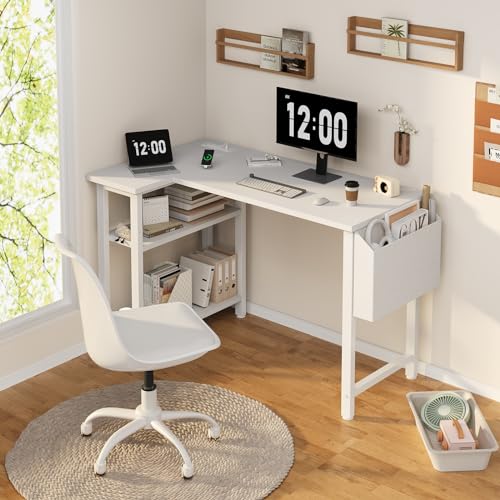 DLisiting White L Shaped Computer Desk with Power Outlet Shelves, 40 Inch Small Corner Desk for Small Space Home Office, Study Work PC Desks for Bedroom, White - color: White, size: 40''