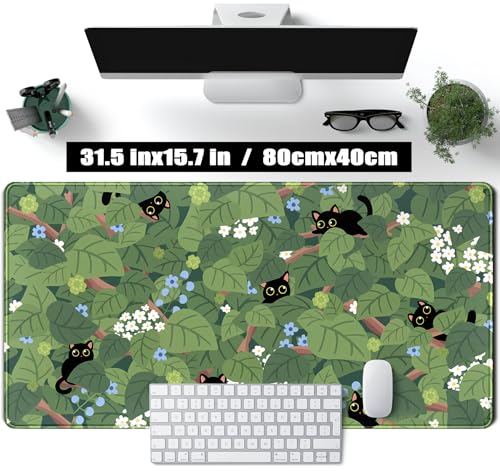 Kawaii Anime Aesthetic Black Cat Forest Plant Desk Mat, Green Sage XXL Large Extended Mouse Pad Gaming Cute Cats Desk pad, Laptop Keyboard and Mouse Mat for Women Desktop Office Decor 31.5x15.7 in - color: Green Forest Plant Black Cat