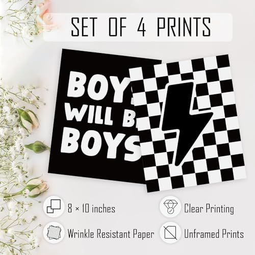 HRQKO Black Boys Room Wall Art Poster Set of 4, Positive Boys Play All Day Posters, Black Checkered Hand Prints for Playroom, 12”x16” Unframed - color: black2, size: 8x10