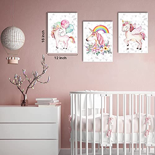 Unicorn Wall Decor for Girls Bedroom Colorful Rainbow Balloon Unicorn Room Pictures Nursery Room Canvas Art Girly Pink Floral Posters Bathroom Artwork Kids Toddler Home Decorations 12x16" 3 Pieces - color: Pink Unicorn, size: 12"l X 16"w