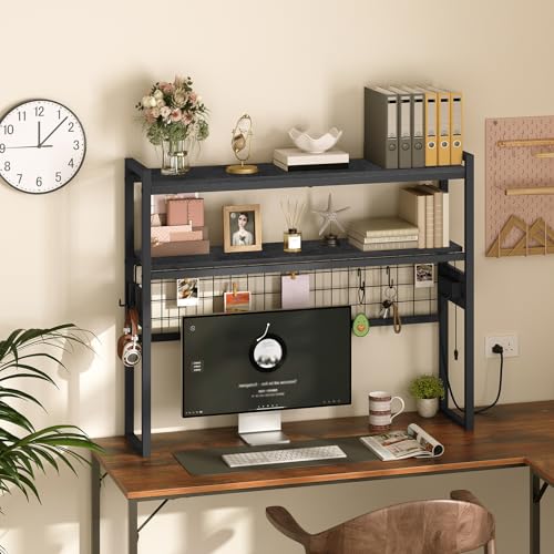 HOOBRO Desktop Bookcase, 37.4" Large Desk Shelf, 2-Tier Desktop Organizer, Wooden Office Storage Rack with Outlets, Display Shelf Rack with Light Strip, Desk Hutch for Office, Black BB13UDSJ01 - color: Black, size: 37.4"D
